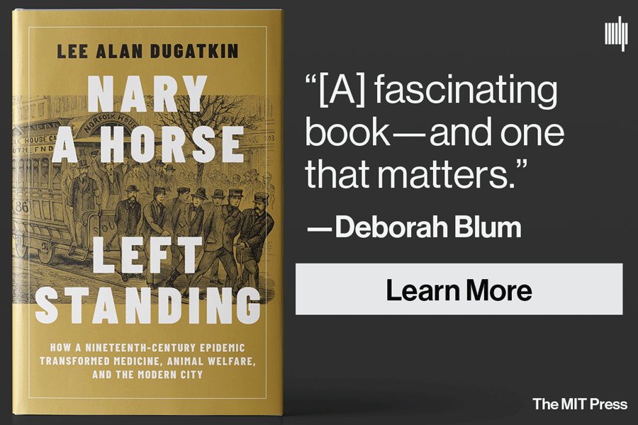 Book cover of Mary a Horse Left Standing by Lee Alan Dugatkin beside a quote from Deborah Blum calling it “a fascinating book—and one that matters,” with a Learn More button and MIT Press branding.