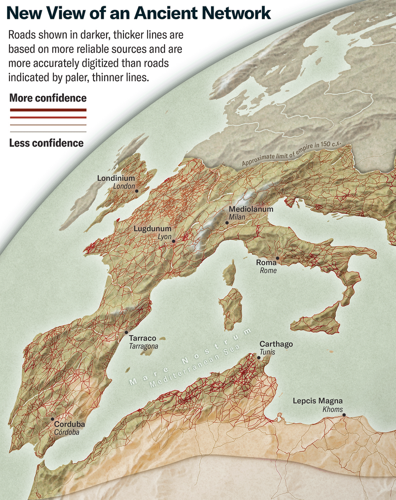 GIF that pans across a map that shows a wide view of land masses around the Mediterranean Sea with the approximate limit of the Roman empire in 150 C.E. highlighted. A network of lines trace ancient road locations. Roads shown in darker, thicker lines are based on more reliable sources and are more accurately digitized than roads indicated by paler, thinner lines.