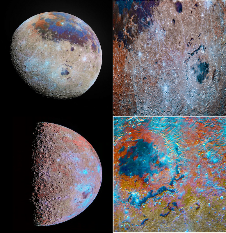 A grid of four images of the moon in saturated color. The two on the left are of the moon and the two on the right are close-ups of the lunar surface.
