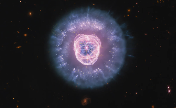A pink and purple nebula with a bright center shaped like a lion's head, with a round ring of purple dust around it
