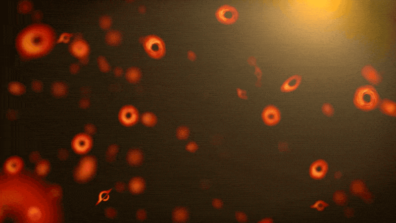 A GIF of a swarm of glowing dots moves against a dark background, representing primordial black holes drifting through deep space
