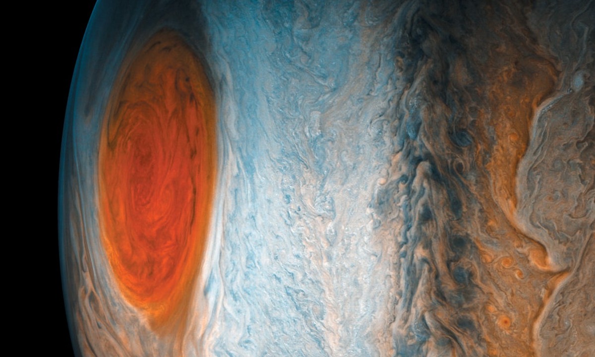 Jupiter's Great Red Spot glows in this image created from Juno observations