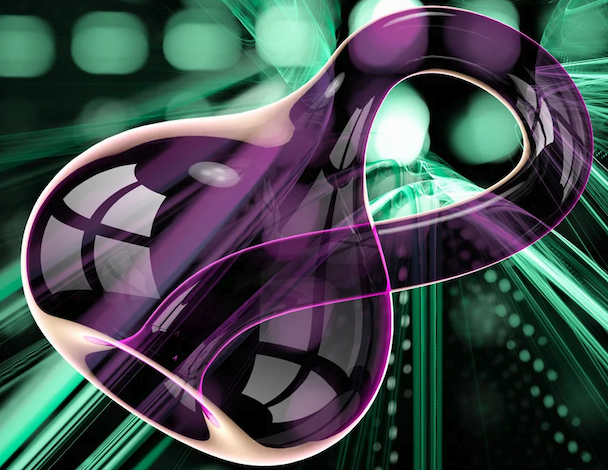Computer illustration of a Klein bottle in purple on a green background