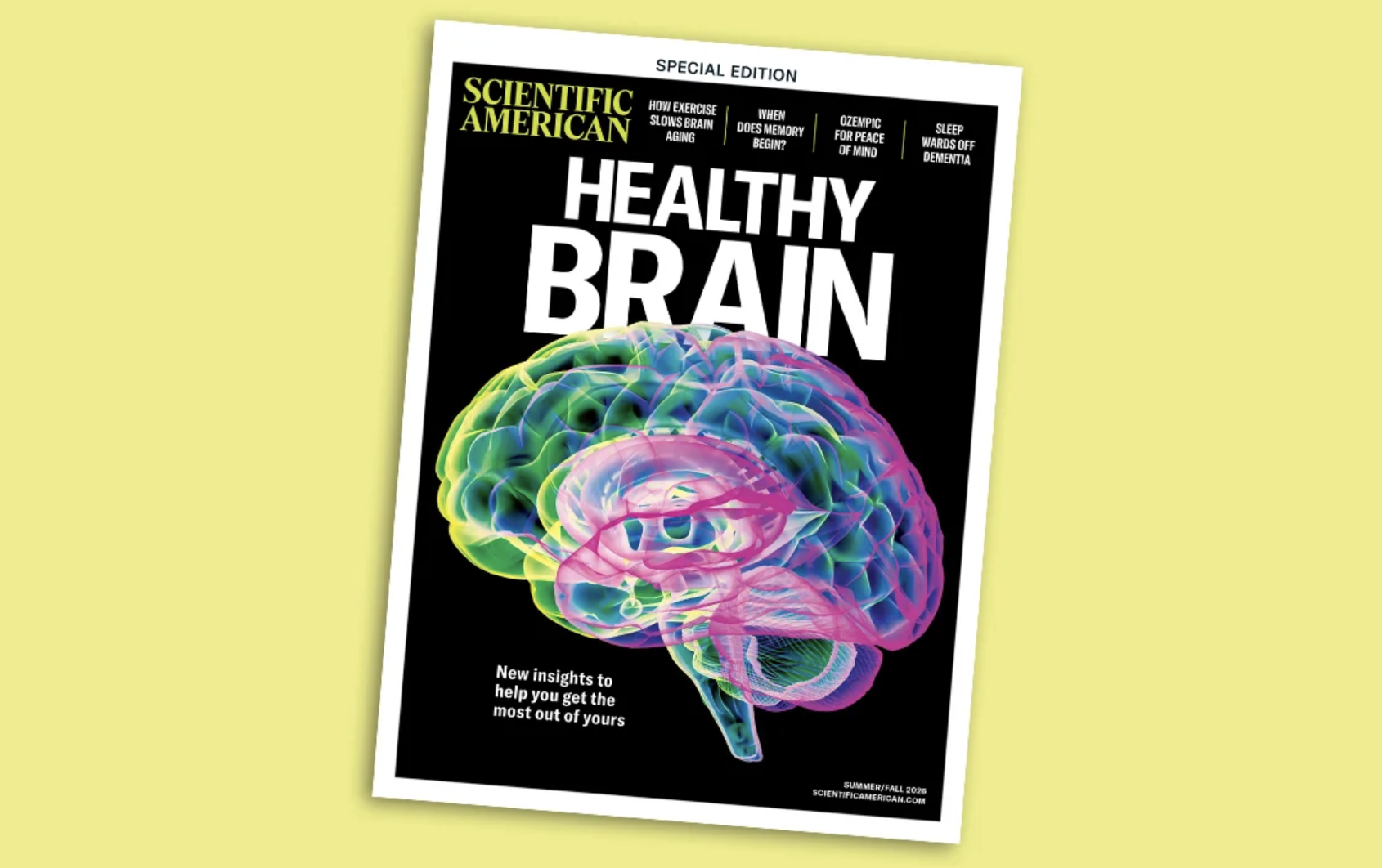 The cover image of a magazine showing an iridescent illustration of a brain that reads: "Healthy Brain"