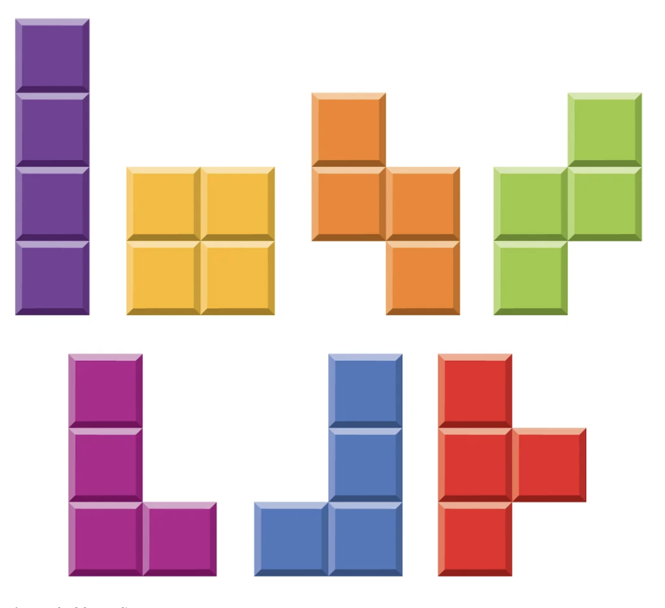 Colorful Tetris pieces in different shapes, including straight, square, L-shaped, and zigzag arrangements.