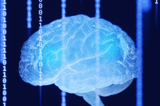 An illustration of a glowing blue brain amid computer code