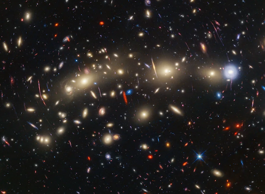 A deep-field exposure by the James Webb Space Telescope, highlighting the presence of a galaxy called LAP1-B