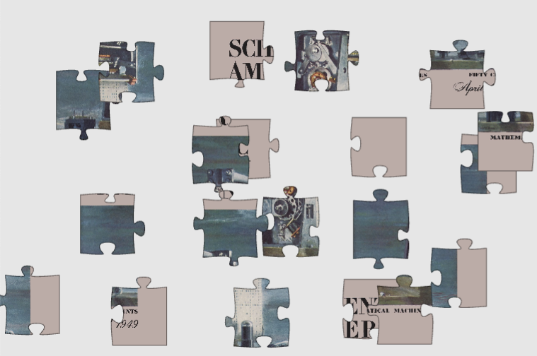 Blue and beige puzzle pieces arrayed on a light gray background