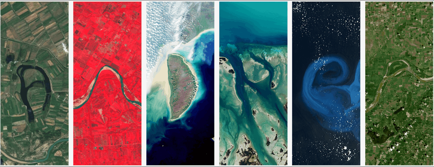 A composite of 6 satellite images of land formations, spelling out the name "Andrea"