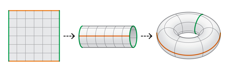 Three shapes are shown. The first shape is a flat square with a grid. Next, the same square has been rolled into a cylinder. Finally, that same cylinder has been curved so its ends meet, forming a doughnut shape.