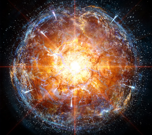 A dense, energetic orange and yellow sphere of light explodes from a single point, against a black background