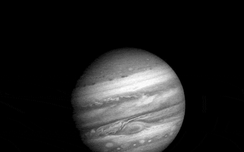 A black-and-white GIF of the planet Jupiter