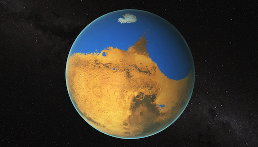 Illustration of ancient Mars showing a vast blue ocean covering much of the planet’s northern hemisphere, with exposed orange-brown landmasses and a small ice cap at the pole against a dark space background.