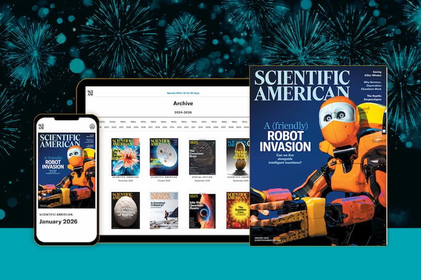 An ad that shows a mobile phone, a tablet and a Scientific American magazine cover with an orange robot on it.