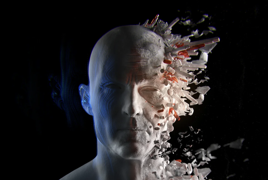 Conceptual image of a white mannequin head with its one side riddled with pills and injections.