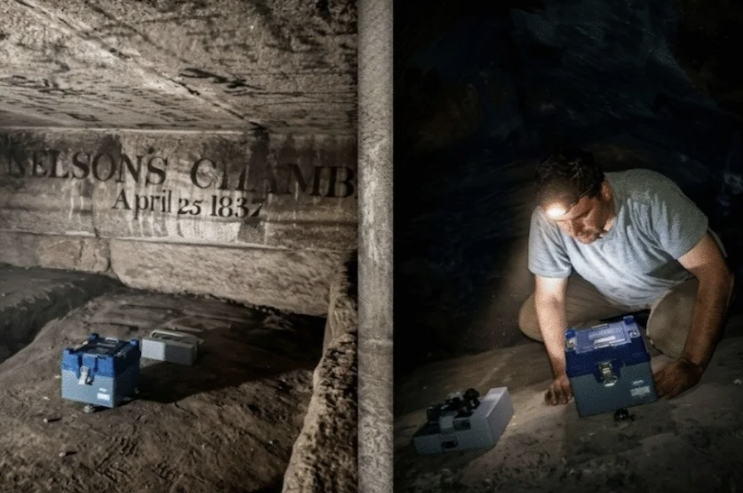 Two-image composite. The left image shows a low stone room with black printing on the wall. The right image shows a man wearing a headlamp inspecting something on the stone ground.
