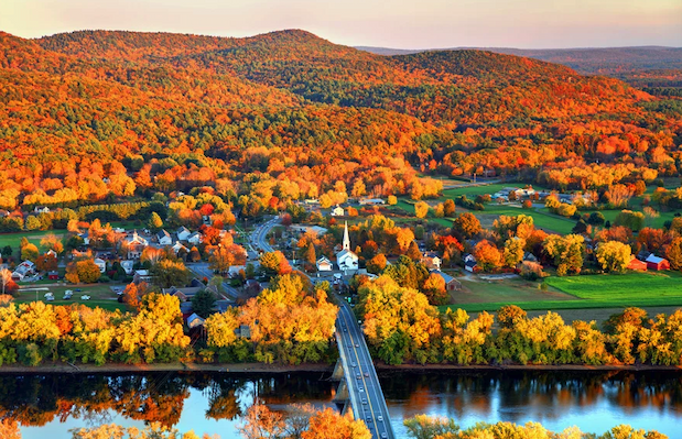 A quaint town surrounded by vibrant orange trees on rolling hills.