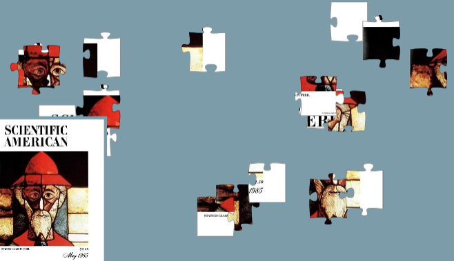 Disconnected red, white and black puzzle pieces arrayed on a blue-gray background.