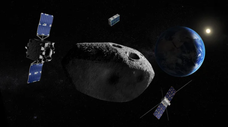 Three small robotic spacecraft approach a gray asteroid, with a crescent Earth in the background.