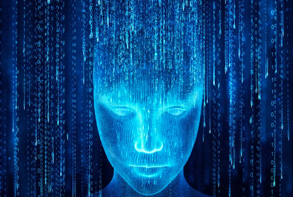 Blue illustration of a face with numbers, implying math and AI.
