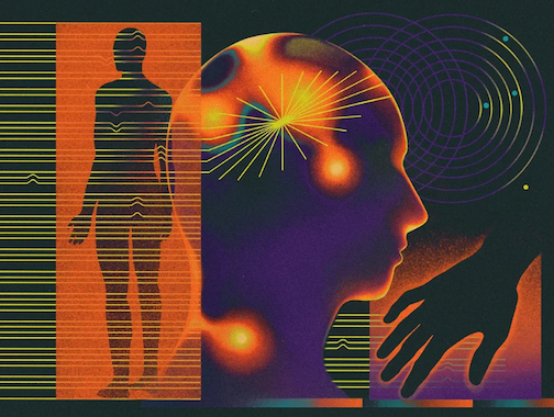 Conceptual illustration showing various elements representing human body, human head, human hand, and brain waves
