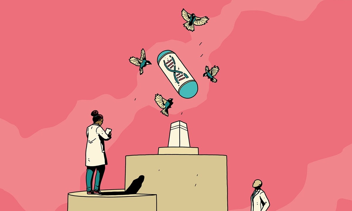 Floating capsule with birds around it illustration