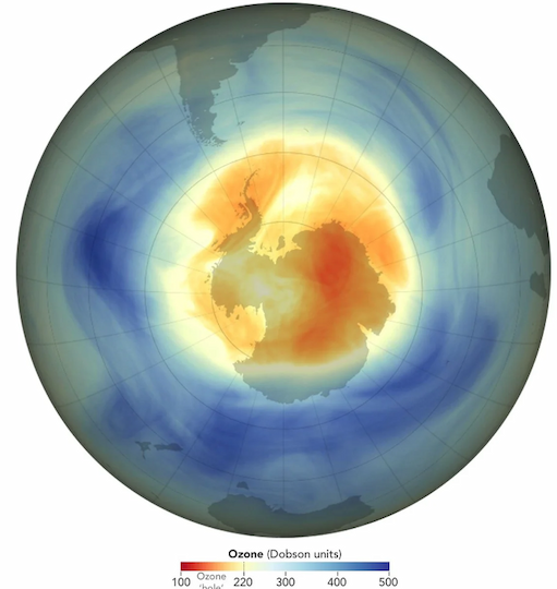 Colors transposed on a globe view of the South Pole.