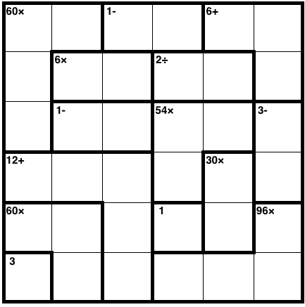 A KenKen puzzle with six rows and columns