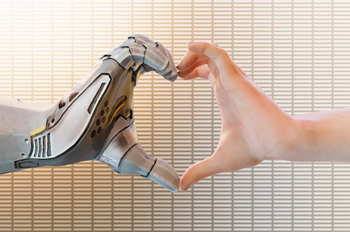 Photo illustration of a robot hand and human hand forming a heart symbol to suggest a futuristic dating concept
