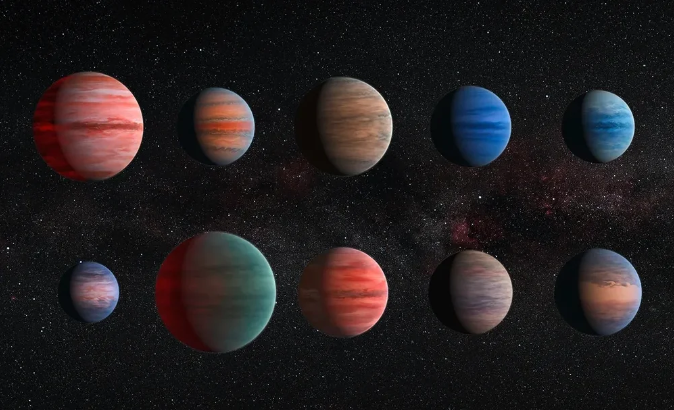 Illustrations of various different exoplanets, streaked with colors