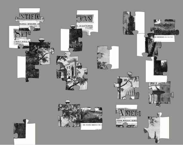 White, tan and orange colored puzzle pieces arrayed on a gray background