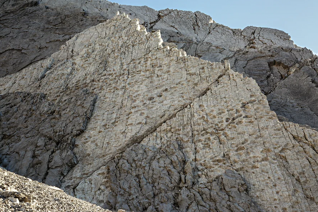 A rock face covered by identical indentations in the stone. 