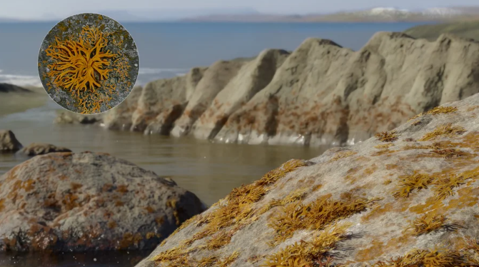 An orange, branching lichen is seen in an inset circle over a scene showing water next to cliffs also covered in the orange lichen