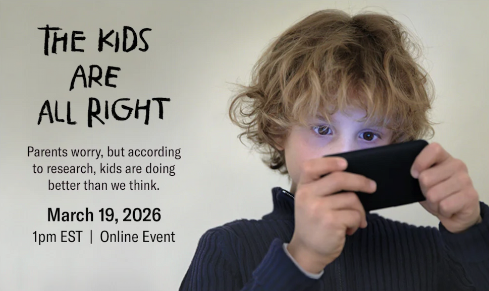 A photo of a young child on a phone. The text reads "The Kids are all right" an online event that starts on March 19, 1pm EST. 