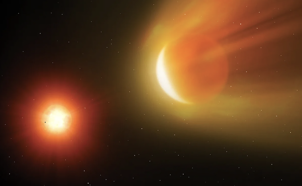 Artists depiction of a planet covered in a mushy layer of magma near a star