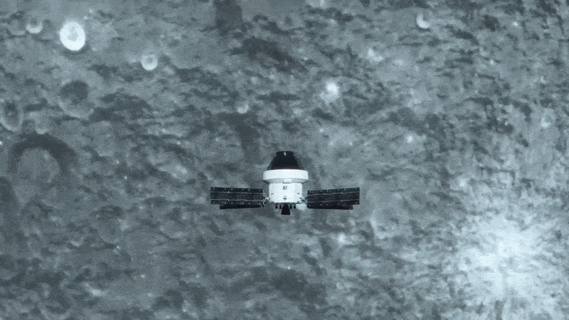 GIF of an artist's visualization of the Orion space craft shooting out a red laser as it moves above the moon's surface.