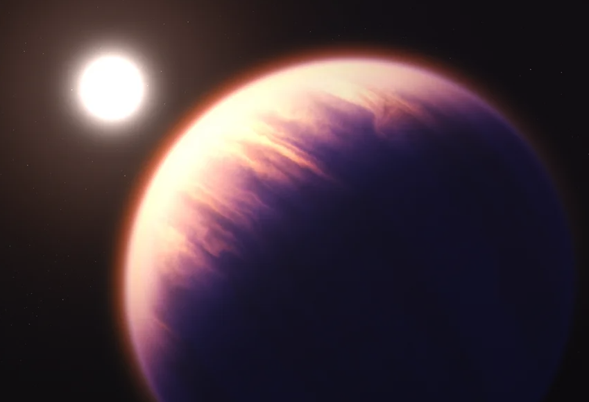 Illustration of hot gas giant exoplanet WASP-39 b and its Star