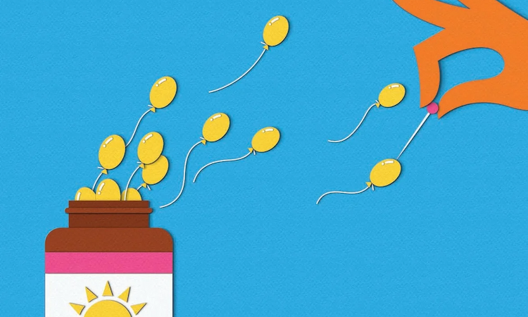 Illustration of vitamin d capsules flying out of a bottle