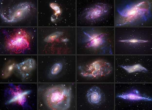 A grid of 16 images of galaxies