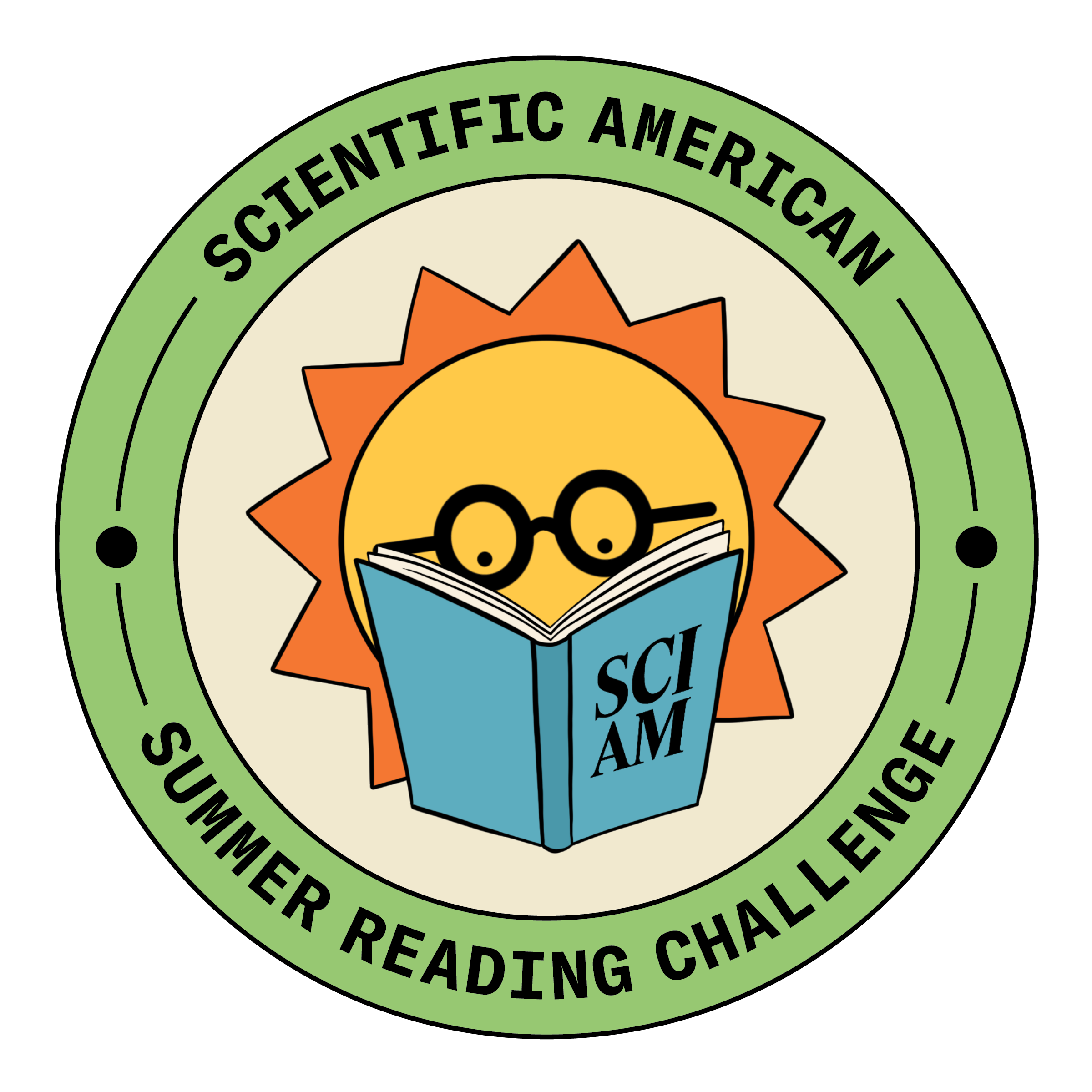 An illustrated logo showing a sun wearing glasses reading a book