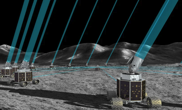 Artist's representation of an array of moon rovers on the lunar surface shooting blue beams into space