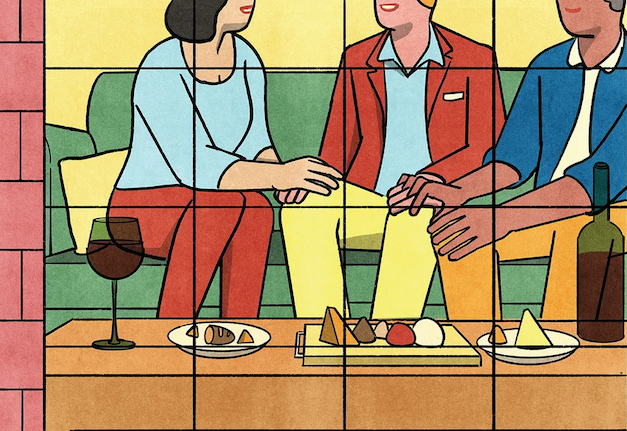 Illustration of three people sitting on a couch, with their hands on each others' knees. 