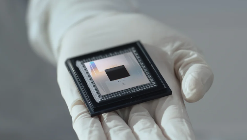 Gloved hand holding the Google AI Willow, which is a quantum computing chip.