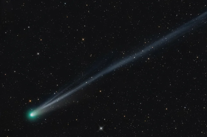 A photo of a comet, Comet Lemmon, streaking through the dark night sky.