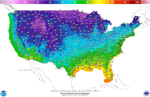 A map of the US showing color-coded temperatures. The blues and purples showing the coldest temperatures push southward and eastward over time