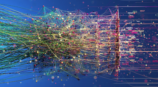 Abstract visualization of a complex data network, with multicolored interconnected nodes and lines converging toward structured numerical data on a blue background.