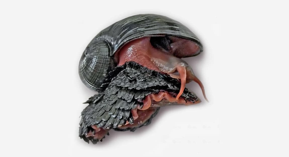A picture of a snail with a black shell and what look like black scales coming out of that shell. Its body is red.