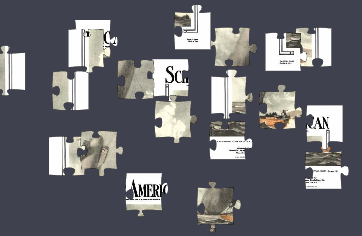 Black, white and beige puzzle pieces scattered on a dark gray background