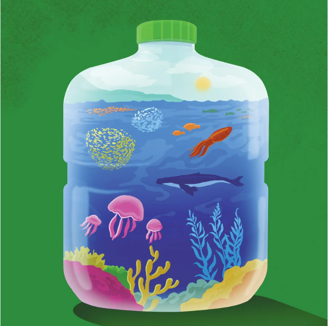 Illustration of a capped plastic bottle full of water, as large as one for a water cooler, full of blue water full of colorful marine life such as jellies, a sperm whale, a cephalopod and schools of fish with an ocean in it