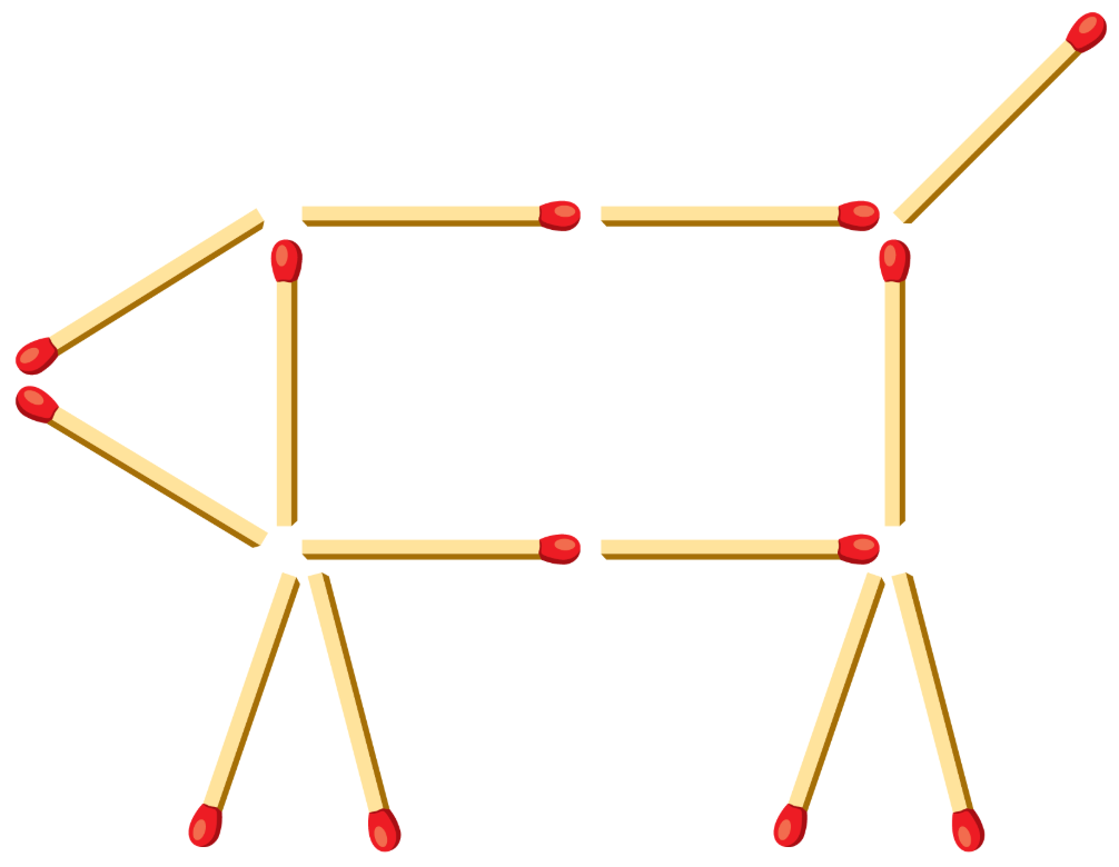 Matchsticks arranged to form the outline of a cow, including a head, body, legs, and raised tail.